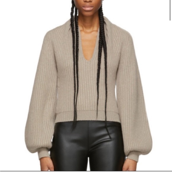 Worn one Alexander Wang ribbed beige wool cashmere blend draped neck sweater - Picture 4 of 7